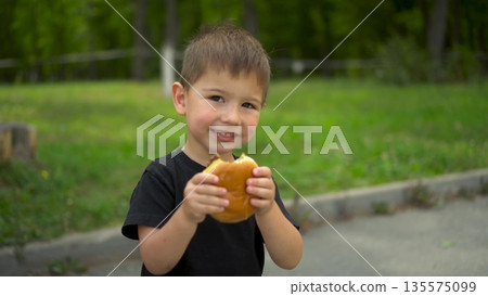 Little boy eats cheeseburger in park and looks at camera portrait shot 4k 135575099