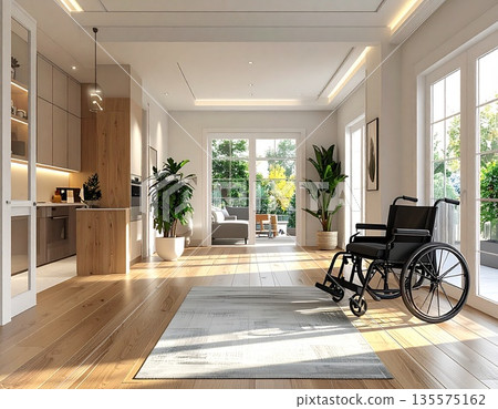 乾淨現代的客廳/餐廳/廚房背景，配有輪椅：適用於老年護理、房屋翻新和通用設計的抽象背景 135575162
