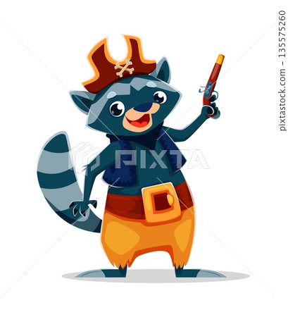Cartoon raccoon animal pirate crew character. Isolated vector mischievous coon corsair personage with cocked hat and a cunning grin, stand with a pistol in hand, ready for adventurous woodland battles 135575260