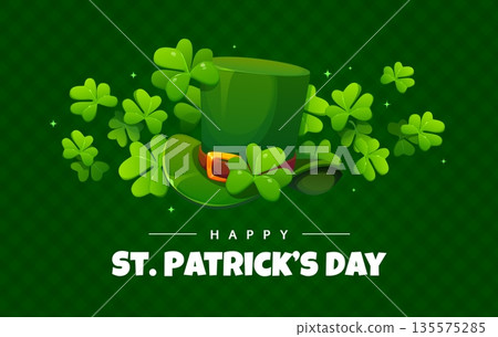 Happy St Patrick's day banner with leprechaun hat and shamrock clover leaves. Spring season holiday vector banner, Irish folk festival party flyer. Ireland culture Saint Patrick's day holiday poster 135575285