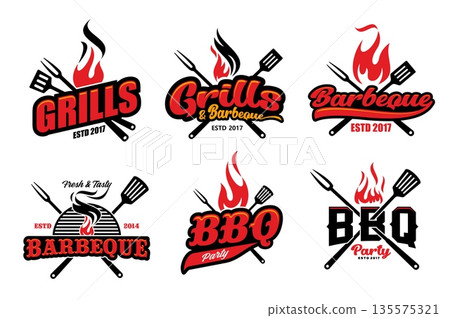 Bbq grill icons with vector barbecue fork and spatula tools, fire with hot red flames, black smoke and round barbeque grate isolated signs set. Bbq bar and restaurant, summer picnic and cookout party Bbq grill icons with vector barbecue fork and spatula tools, fire with hot red flames, black smoke and round barbeque grate isolated signs set. Bbq bar and restaurant, summer picnic and cookout party 135575321
