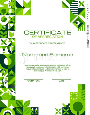 Vertical ecology certificate with geometric Bauhaus pattern. Nature saving Bauhaus geometric shapes vector certificate, environment protection diploma. Planet Earth sustainability award document 135575322