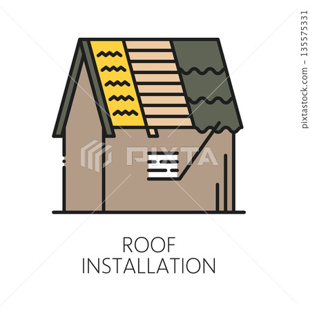 Home roof installation repair line icon or sign. House roofing maintenance service sign, home renovation thin line vector symbol. Real estate repair outline icon or roof installation outline pictogram Home roof installation repair line icon or sign. House roofing maintenance service sign, home renovation thin line vector symbol. Real estate repair outline icon or roof installation outline pictogram 135575331