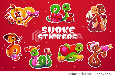 Cartoon funny snake characters stickers pack. Love holiday mascot vector Asian animal character sticker. St Valentine Chinese snake personage patch with fireworks, perfume, flowers and arrow in heart 135575339