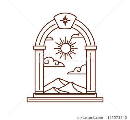 Mystic Boho arch, magic Bohemian doorway. Mystic magic linear vector portal door, esoteric zodiac arch. Tarot card fantasy celestial or Boho element with stairs, sun, clouds and mountain range peaks 135575340