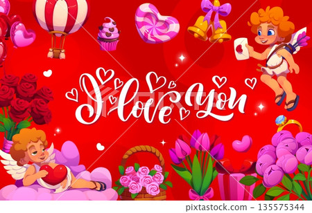 I love you Valentine's day holiday greeting card. Romantic party vector poster, Saint Valentine day flyer. Romance holiday greeting card with cupids cheerful characters, sweets, flowers and balloons I love you Valentine's day holiday greeting card. Romantic party vector poster, Saint Valentine day flyer. Romance holiday greeting card with cupids cheerful characters, sweets, flowers and balloons 135575344