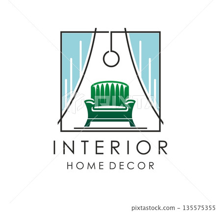 Home interior, furniture and decor shop icon. Home design shop vector emblem, apartment furniture atelier badge. House decor store icon with elegant green armchair, blue curtains and hanging lamp Home interior, furniture and decor shop icon. Home design shop vector emblem, apartment furniture atelier badge. House decor store icon with elegant green armchair, blue curtains and hanging lamp 135575355