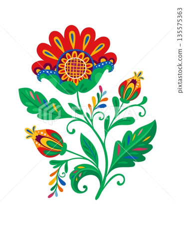 Mexican ethnic holiday colorful flower element with three orange buds on stem. Mexico colorful flower isolated object, Mexican ethnic plant vector decoration. Latin American folk floral element 135575363