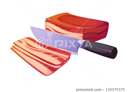 Cartoon bacon block is being sliced into thin strips by a sharp kitchen knife, showing cooking process. Vector knife chopping fresh layers of meat and fat, food preparation of bacon ingredient 135575371