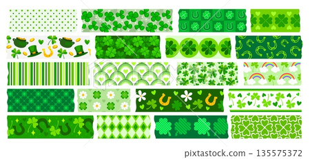 Irish washi tape for St Patrick holiday, green adhesive pieces with shamrocks, vector ribbons. St Patrick washi tape with pattern of leprechaun hat, shamrock clovers and golden horseshoe with hearts Irish washi tape for St Patrick holiday, green adhesive pieces with shamrocks, vector ribbons. St Patrick washi tape with pattern of leprechaun hat, shamrock clovers and golden horseshoe with hearts 135575372