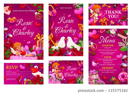Wedding invitation templates set with flowers and dove birds, vector cards. Cupid angels or cherubs with heart balloons and gifts, flowers and kiss lips for wedding invitation and RSVP card templates Wedding invitation templates set with flowers and dove birds, vector cards. Cupid angels or cherubs with heart balloons and gifts, flowers and kiss lips for wedding invitation and RSVP card templates 135575382