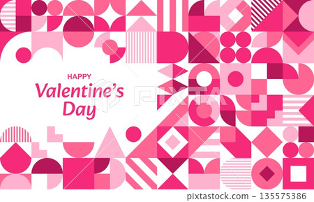 Happy Valentines Day greeting card with geometric shapes vector pattern background. Abstract modern graphic white pink geometric horizontal banner. Valentine Day romantic love holiday greeting card Happy Valentines Day greeting card with geometric shapes vector pattern background. Abstract modern graphic white pink geometric horizontal banner. Valentine Day romantic love holiday greeting card 135575386