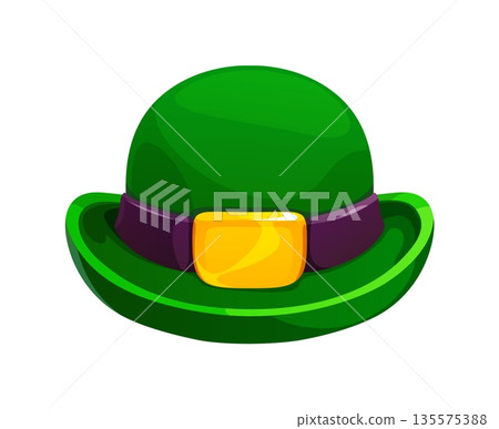 Cartoon green leprechaun bowler hat with curved brim, dark purple band and a shiny golden buckle. Vector traditional and classic Irish accessory for st Patrick day dressup, symbol of luck and folklore Cartoon green leprechaun bowler hat with curved brim, dark purple band and a shiny golden buckle. Vector traditional and classic Irish accessory for st Patrick day dressup, symbol of luck and folklore 135575388