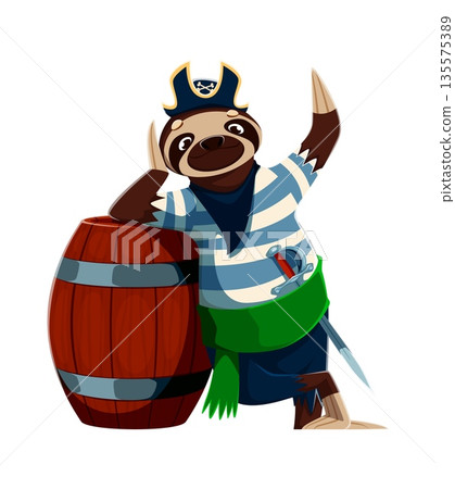 Cartoon sloth animal pirate vector character leaning on large wooden barrel. Corsair smiling lazily in a striped shirt and green sash and has a sword tucked at his waist, ready for sea adventures Cartoon sloth animal pirate vector character leaning on large wooden barrel. Corsair smiling lazily in a striped shirt and green sash and has a sword tucked at his waist, ready for sea adventures 135575389