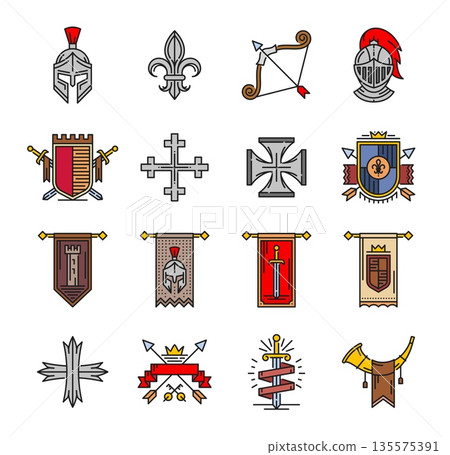 Armor, coat of arms and crosses, heraldry color line icons. Vector shields and pennant flags with medieval royal heraldry line icons of color helmets, swords and arrows, victorian lily, crown and horn 135575391