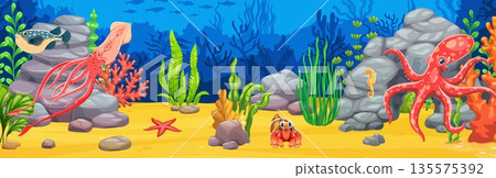 Underwater landscape, game background with squid and octopus cartoon characters. Vector sea water animals and fish at ocean underwater landscape background with corals, seaweeds, starfish and crab 135575392