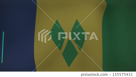 Saint Vincent and Grenadines flag waving in close-up with three vertical stripes and green lozenges Saint Vincent and Grenadines flag waving in close-up with three vertical stripes and green lozenges 135575431