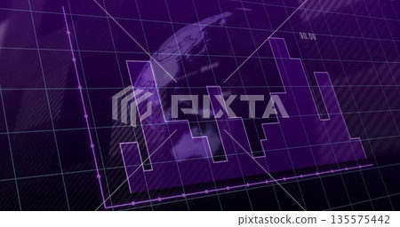 Displaying purple bar columns stretching across interface, with 3D earth globe, grid lines and axes 135575442