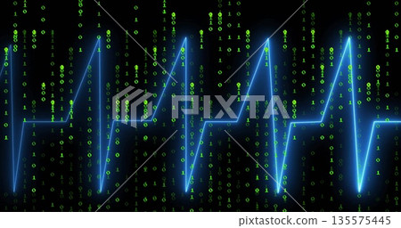 Displaying electric-blue ECG-like waveform coursing through data stream, with green binary streams 135575445