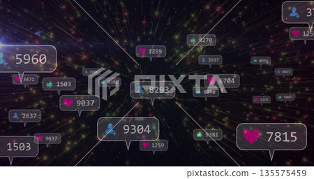 Floating speech bubble showing user icon and 9304 followers in digital space with thumbs up icons Floating speech bubble showing user icon and 9304 followers in digital space with thumbs up icons 135575459