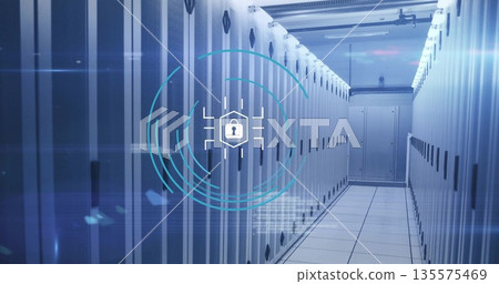 Digital lock icon hovering in data center corridor, with server cabinets, LEDs, cable trays Digital lock icon hovering in data center corridor, with server cabinets, LEDs, cable trays 135575469