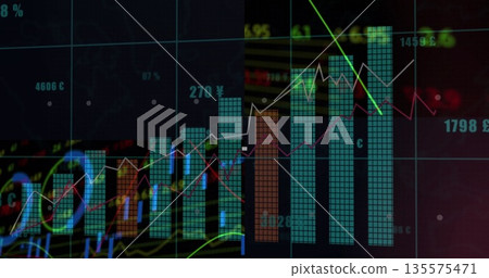 Displaying financial charts trending on trading dashboard, with bar charts line graphs labels Displaying financial charts trending on trading dashboard, with bar charts line graphs labels 135575471