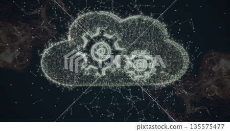 Shining cloud icon forming two gear symbols in digital network space, with particle lines and nodes 135575477