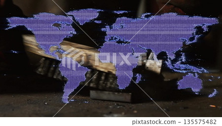 Projecting purple world map overlay glitching over workshop floor, with wooden logs and debris Projecting purple world map overlay glitching over workshop floor, with wooden logs and debris 135575482