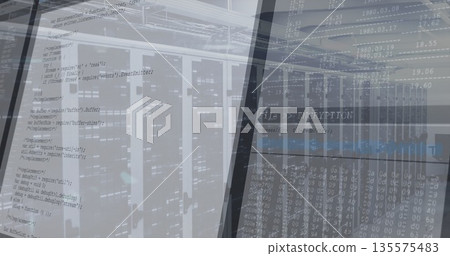 Showcasing server racks with blinking LEDs lining data center corridor, with encryption overlay 135575483