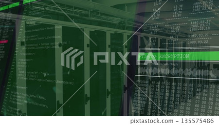 Server racks showing code overlay and waveform in data center, hex dump, File  ENCRYPTION banner 135575486