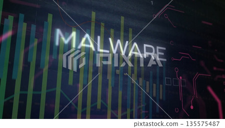 Displaying glowing MALWARE on cybersecurity dashboard, with vertical bar graphs and circuit traces 135575487