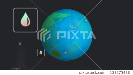 Displaying stylized Earth globe floating in data dashboard, with CO? label and water drop icons 135575488
