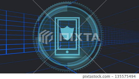 Displaying smartphone outline showing shield emblem in 3D grid space, with rotating HUD rings Displaying smartphone outline showing shield emblem in 3D grid space, with rotating HUD rings 135575494