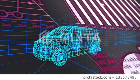 Floating blue wireframe van hovering above grid plane with month labels, barcode stripes and charts Floating blue wireframe van hovering above grid plane with month labels, barcode stripes and charts 135575495