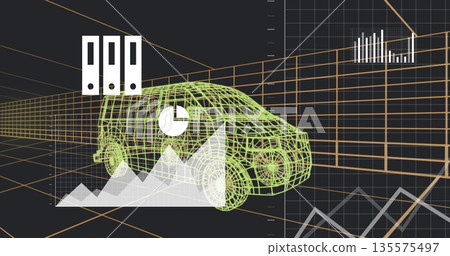Displaying green wireframe van model rotating in 3D workspace with pie bar charts and binder icons Displaying green wireframe van model rotating in 3D workspace with pie bar charts and binder icons 135575497