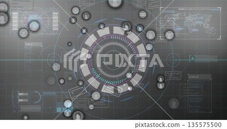 Futuristic HUD interface presenting segmented ring arcs on grey grid, with nodes and world map Futuristic HUD interface presenting segmented ring arcs on grey grid, with nodes and world map 135575500
