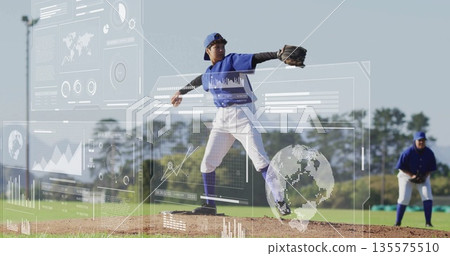 Throwing baseball pitcher releasing pitch toward plate on dirt mound, with data graphics overlay 135575510