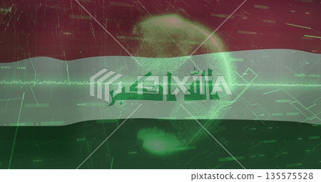 Displaying stylized Iraqi flag with Arabic script floating in circuit background, with grid globe 135575528