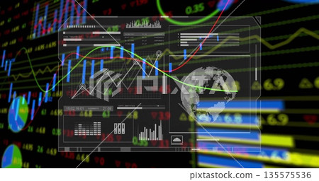 Displaying dashboard hovering in digital hub, with candlestick chart line graph and globe icon Displaying dashboard hovering in digital hub, with candlestick chart line graph and globe icon 135575536