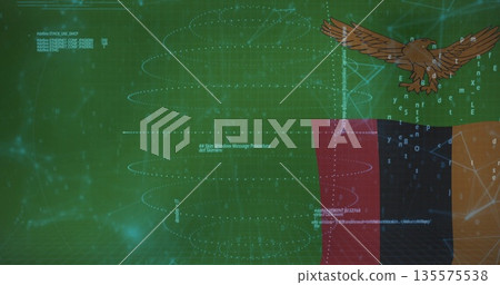Brown eagle emblem floating above colored bars in data console, with grid, copy space Brown eagle emblem floating above colored bars in data console, with grid, copy space 135575538