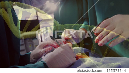 Operating surgeons in scrubs using scalpel forceps retractor in operating room, drapes  and  tray 135575544