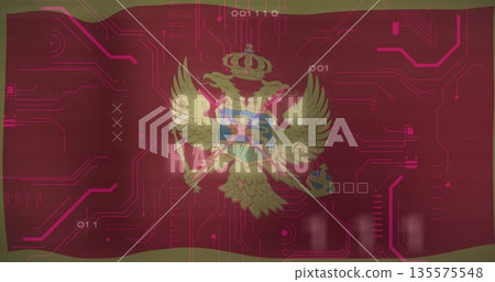 Two-headed eagle crest and shield glowing in digital interface, with magenta circuits, binary code 135575548
