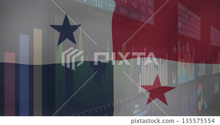 Displaying graphic overlaying Panama flag on market screen with bar charts line graphs and tickers 135575554