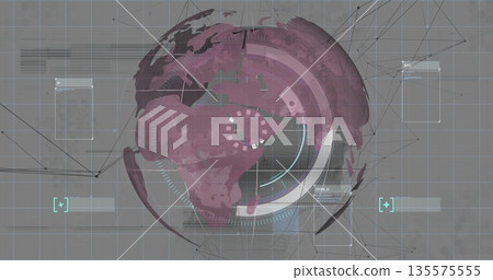 Displaying 3D globe centering Africa and Europe in interface, with grid overlay, HUD rings, panels 135575555
