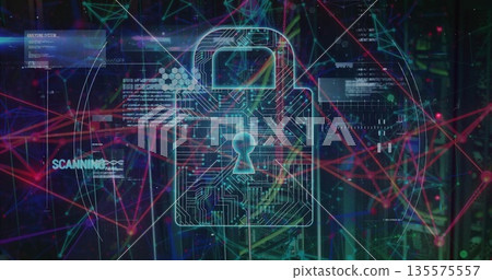 Displaying circuit padlock icon glowing in data center, scanning code snippets on neon nodes Displaying circuit padlock icon glowing in data center, scanning code snippets on neon nodes 135575557