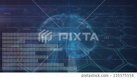 Displaying holographic brain model streaming metrics on dark panel, with grid nodes and line graphs 135575558