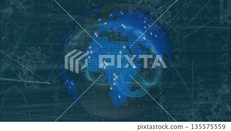 Displaying globe featuring neural network brain in digital interface, with network nodes and grid 135575559