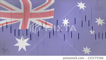 Showing flag merging chart numeric overlays in digital illustration, Union Jack and national stars 135575566