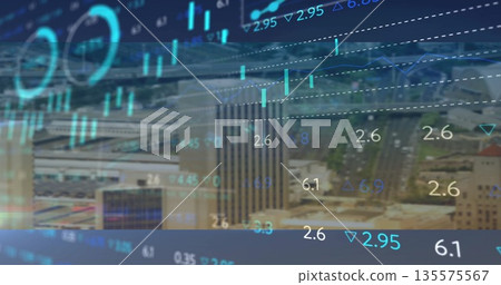 Displaying aerial city skyline over highways, with floating financial charts and candlesticks Displaying aerial city skyline over highways, with floating financial charts and candlesticks 135575567