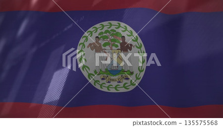 Fluttering national flag of Belize flying on flagpole in natural daylight, with coat of arms detail 135575568